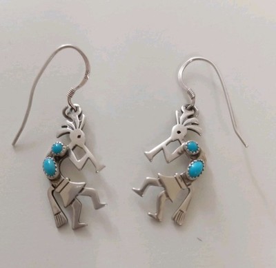Vintage Indianer Kokopelli 925 Sterlingsilber Türkis Perlen Haken Ohrringe