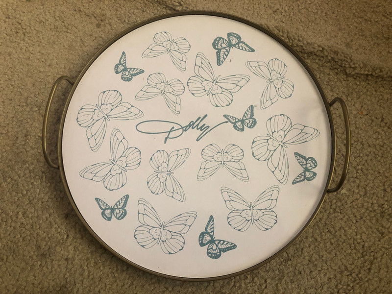 VINTAGE DOLLY PARTON BLUE BUTTERFLY SERVING TRAY WITH HANDLES