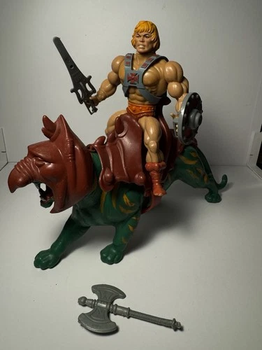 Vintage 1981 MOTU He-Man and Battle Cat Figures Taiwan Complete White Dot