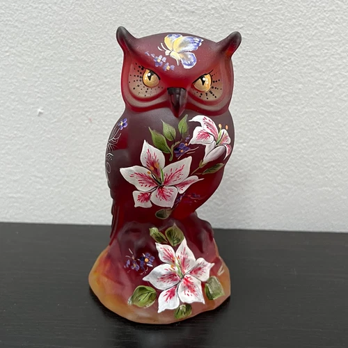 Fenton Red Amber Oriental Tiger Lily Butterfly Owl Figurine Ltd #45/74 M Kibbe