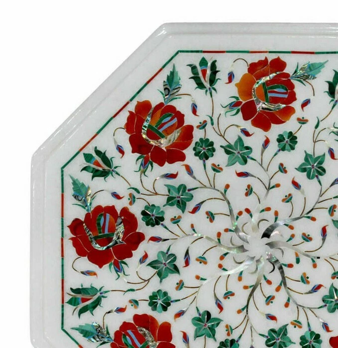 12" Marble Inlay Side End Table Top Handmade pietra dura art Home office Decor - Image 2 of 4