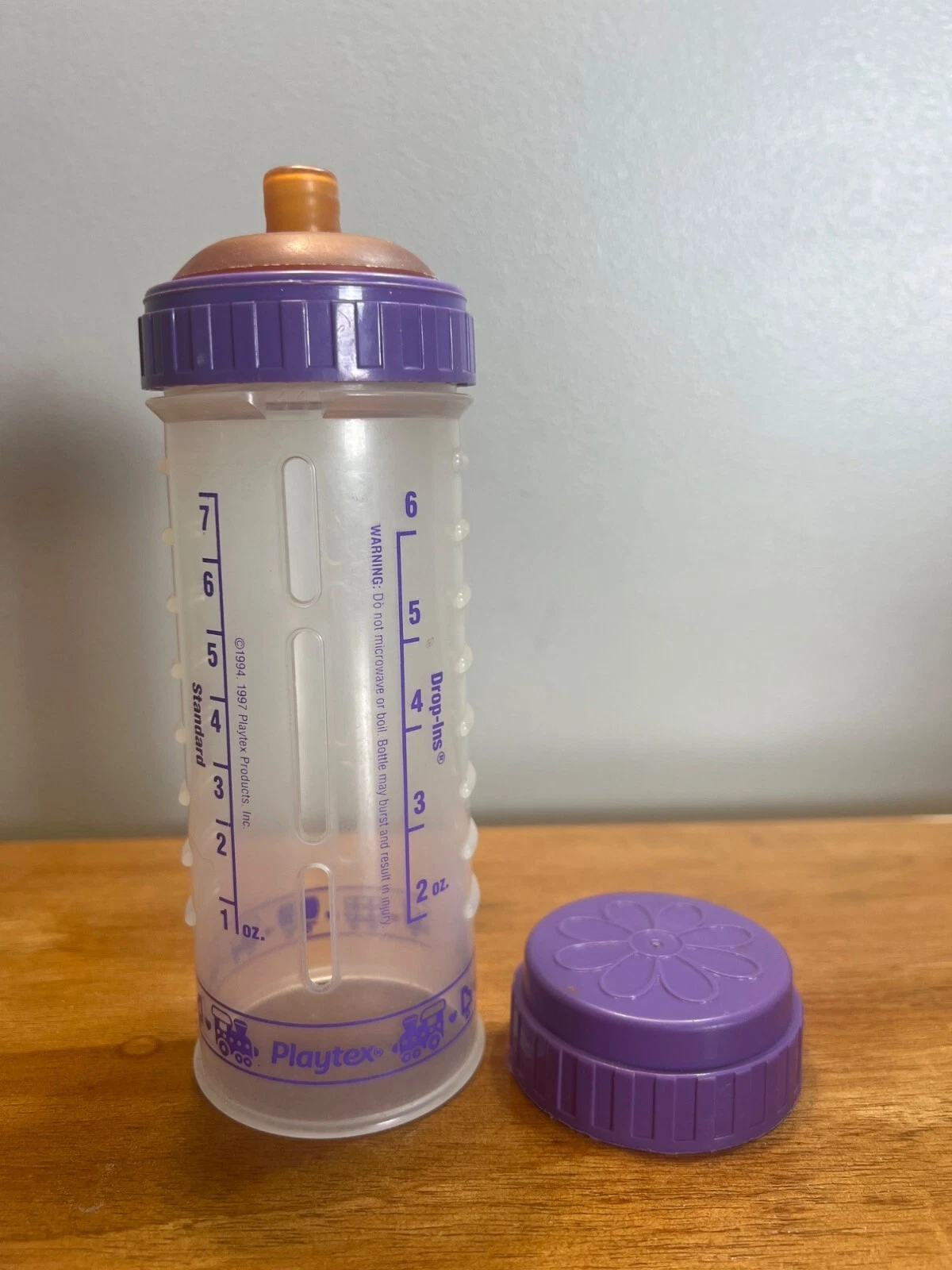 Vintage Playtex Nurser Drop In Baby Bottle Flat Nipple Cap 8 oz Purple Trains
