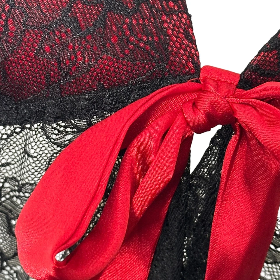 Y2K 哥特式娃娃内衣上衣/礼服 S 黑色蕾丝透明红色前弓口音 — 第 4/4 张图片