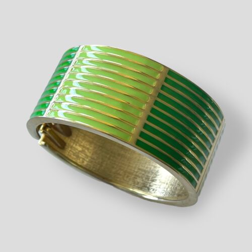 Vintage Green and Gold Enameled Hinged Clamper Ba… - image 1