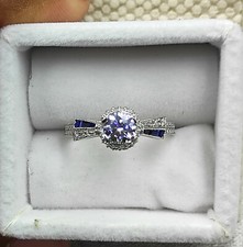 Excellent Cut Shiny Cubic Zirconia And Blue Sapphire Solitaire Engagement Ring
