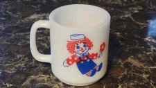 Raggedy Ann and Andy Milk Glass Coffee Cup Mug Glasbake Vintage