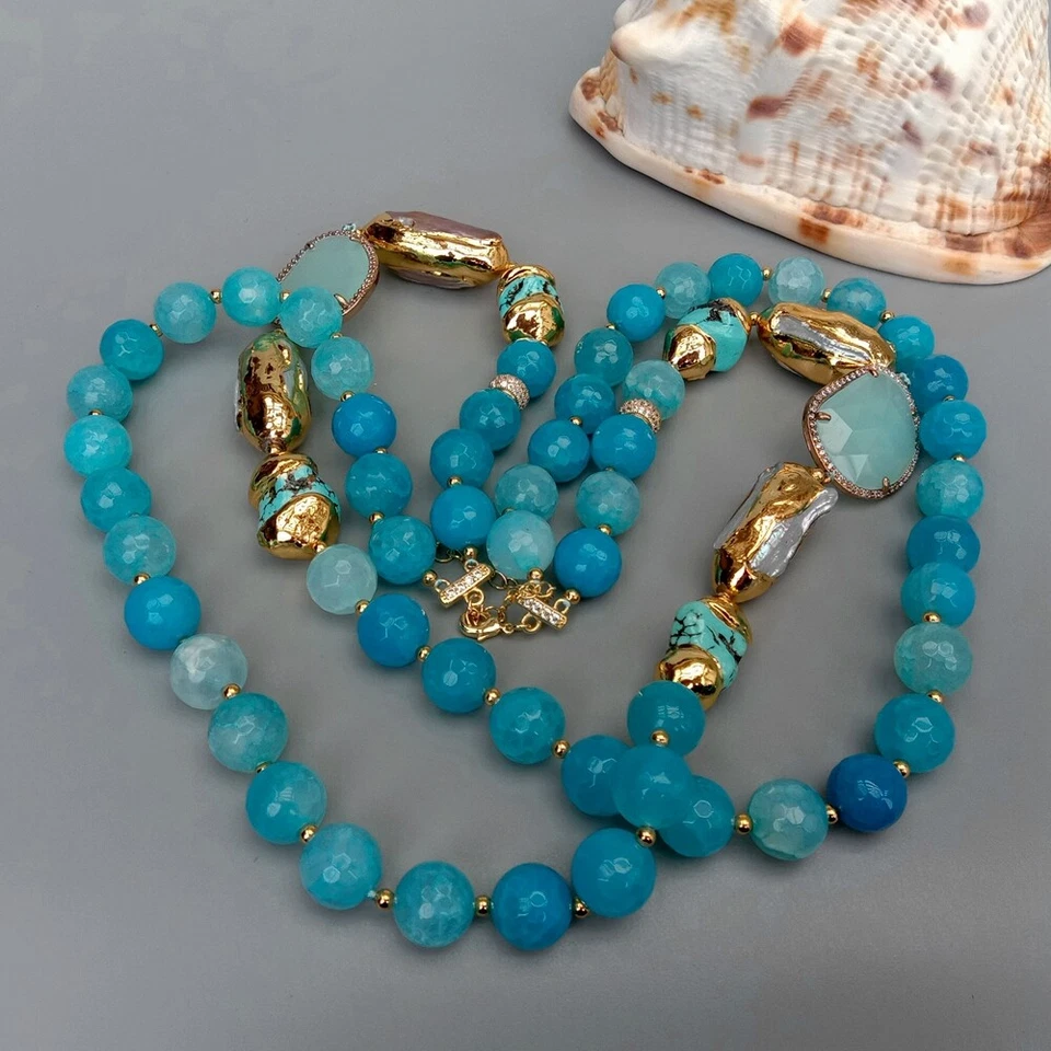 Faceted Agate Turquoise White Biwa Pearl Crystal Necklace Fashion Women Jewelry - Image 2 of 4