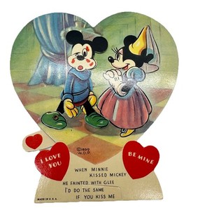 1939 VTG Disney Valentine Card Mickey Fainting Minnie Mouse Princess Kisses Rare