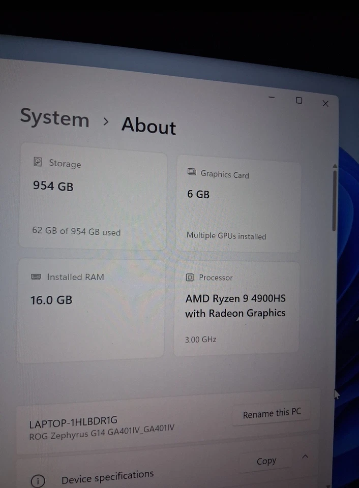 ASUS ROG Zephyrus G14 / Ryzen 9 4900HS / RTX 3060 / 16GB Ram / 1 TB / 1080p 144Hz Foto 4 de 4