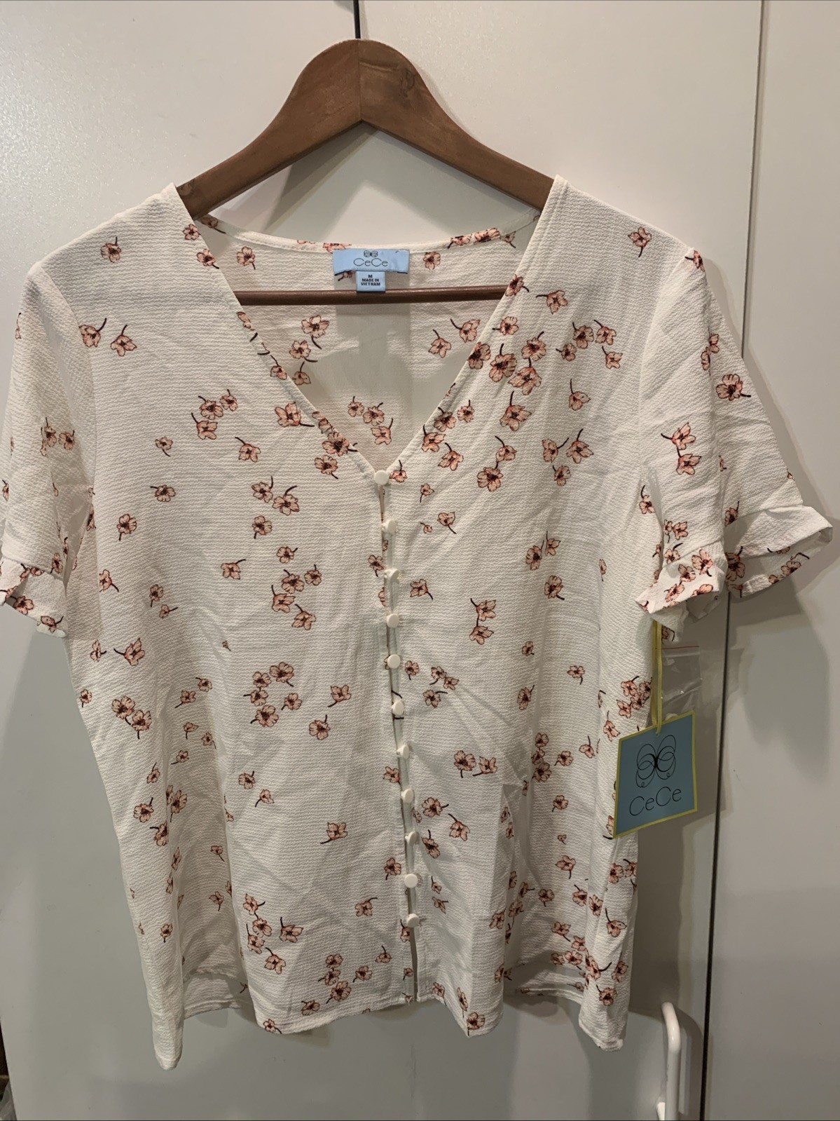 Cece White Floral M Blouse Button Closure Dy