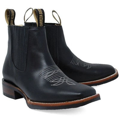 Genuine Leather Short Ankle Square Toe Rubber Sole Cowboy Western Boots - Black