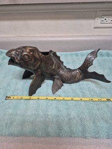 Japanese Bronze Copper Sculpture Fengshui Auspicious Fish Koi 11 1/4”L 6H