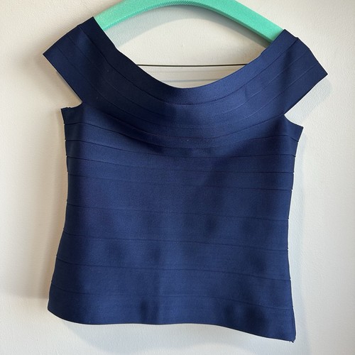 Karen Millen Top Off Shoulder Womens Size L Navy Blue Zipper Spandex - Picture 7 of 7