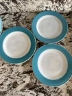 VINTAGE Lot (3)  PYREX 8 Dessert Plates Aqua Rim Milk Glass Corning