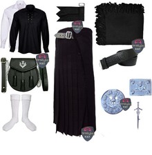 Full Scottish Highland Dress Complete 11-PiecePlain Black Tartan Kilt Outfit