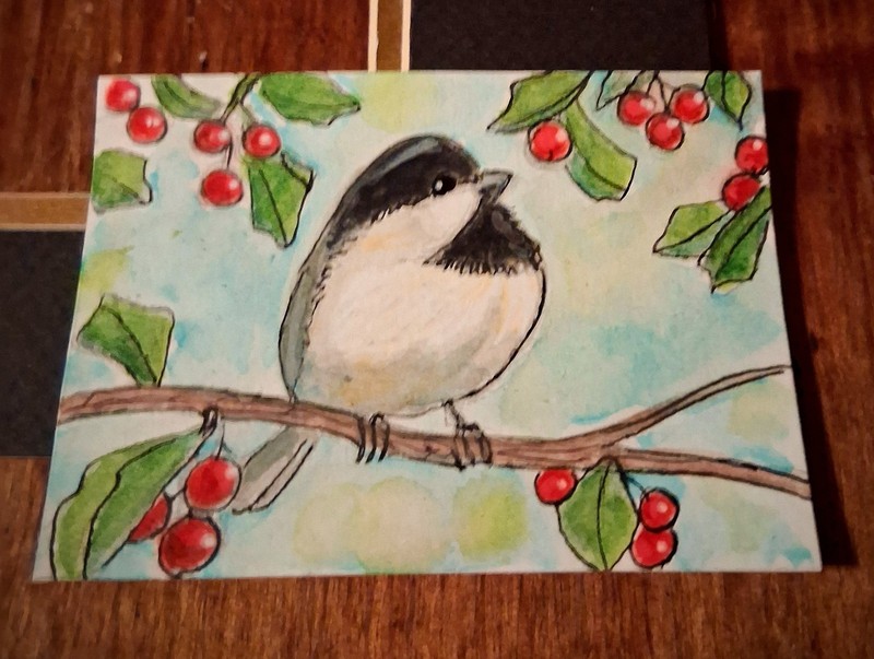 ACEO Original Watercolor Painting, Chickadee by Herbie Hasbrouck Jr 