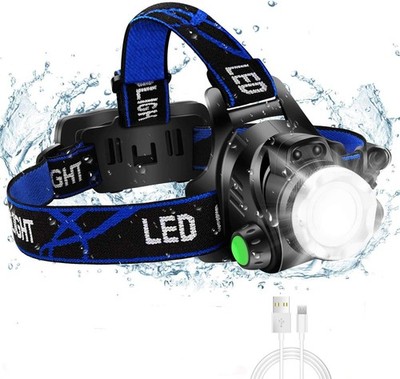 Superhelle Stirnlampe, USB Wiederaufladbare LED Kopflampe, IPX4 Zoombar Wasserdicht