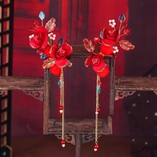 Red Velvet Flower Hair Clips Bridal Hanfu Chinese Wedding Vintage 1 Pair
