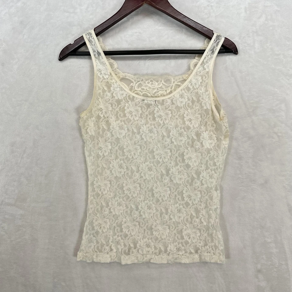 Camiseta sin mangas Arianne camisola para mujer pequeña de encaje marfil transparente floral elástica vintage Foto 3 de 4