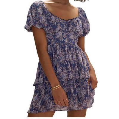 Francesca's Sheer Blue Floral Cottagecore Fairy Dress Puff Sleeve Y2K Size Small