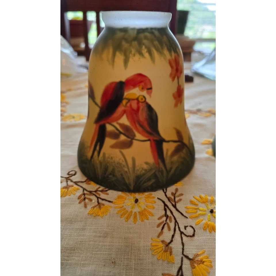 Vtg American Art Glass Shade  Antique Perching Parrots Hand Painted - Image 2 of 4