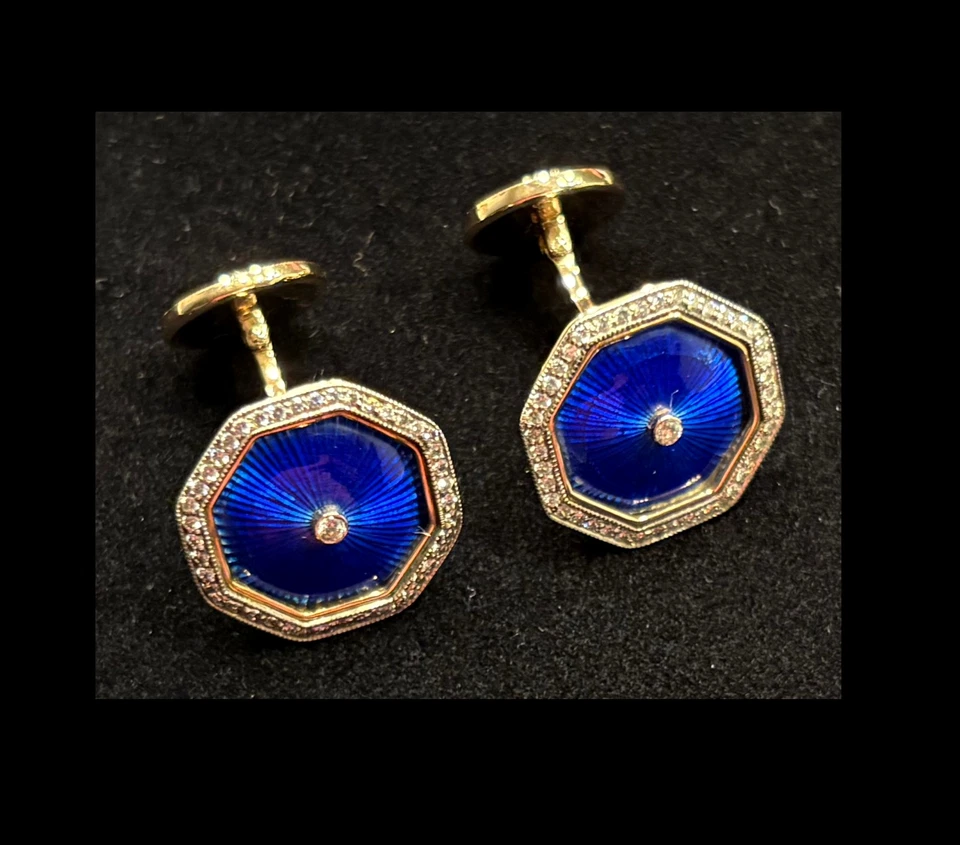 NEW 14K GOLD & STERLING SILVER.875 GUILLOCHÉ ENAMEL +CZ CUFFLINKS RUSSIA ca.1995 - Image 3 of 4