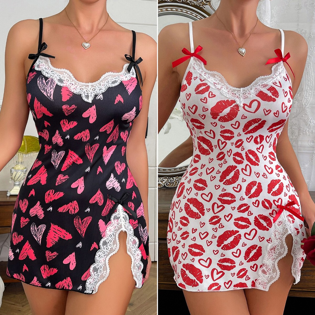 Lace V Neck Sleepwear Cotton Chemise Wine Red / M