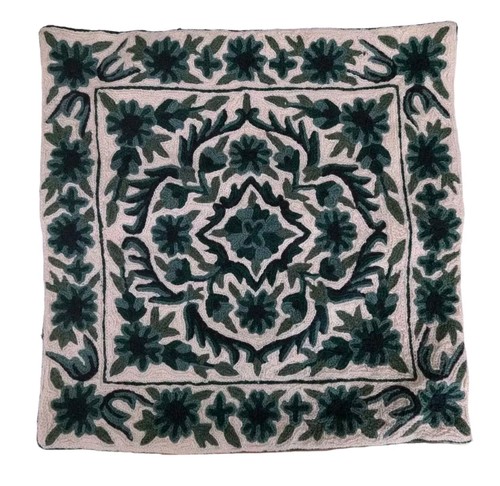 Omar Imports Beige Wool Pillow Sham Case Cover Crewel Style Green Floral 15x15