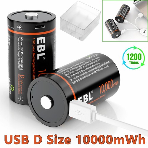 2Pcs USB D Size Rechargeable Battery 1.5V 10000mWh Long Lasting Liion