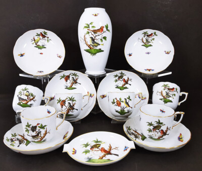 HEREND Rothschild 6 Kaffegedecke Tassen # 707 /RO und  Vase  handpainted 1.Wahl