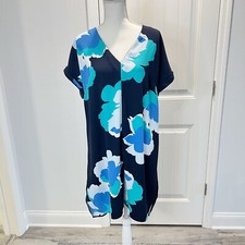 A New Day Dress Women's Blue Floral V-Neck Size Large Sheath Cap Sleeve Midi
