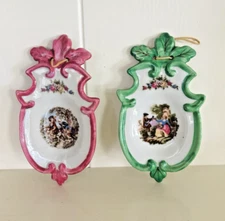 Vtg Rococo Style Decorative Porcelain Hanging Wall Trinket Set Of 2 Pink Green