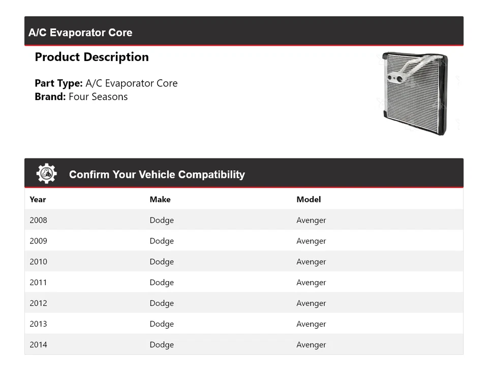 Ядро испарителя кондиционера для Dodge Avenger 2008-2014 годов выпуска 4 сезона 2009 2010 2011 2012 годов выпуска - Изображение 2 из 4