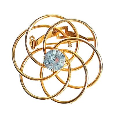 Vintage Blue Rhinestone Gold Tone Brooch Pin Concentric Circles Flower Vintage