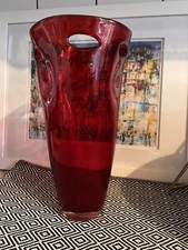 Vintage Ruby Red Blown Art Glass Vase MID Century Modern Dimpled w/piercing