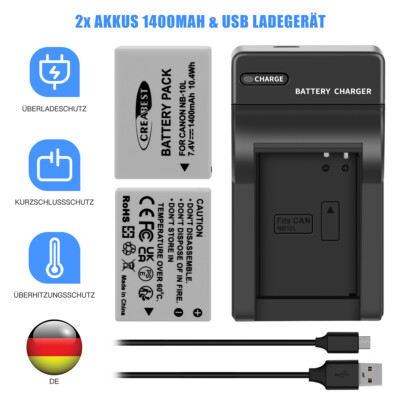 2x 7.4V 1400mAh NB-10L Akku & Ladegerät Für Canon Powershot SX40 HS SX50 G15 G16