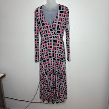 H by Halston V-Neck Faux Wrap Dress red black geometric print long sleeve NWT 6