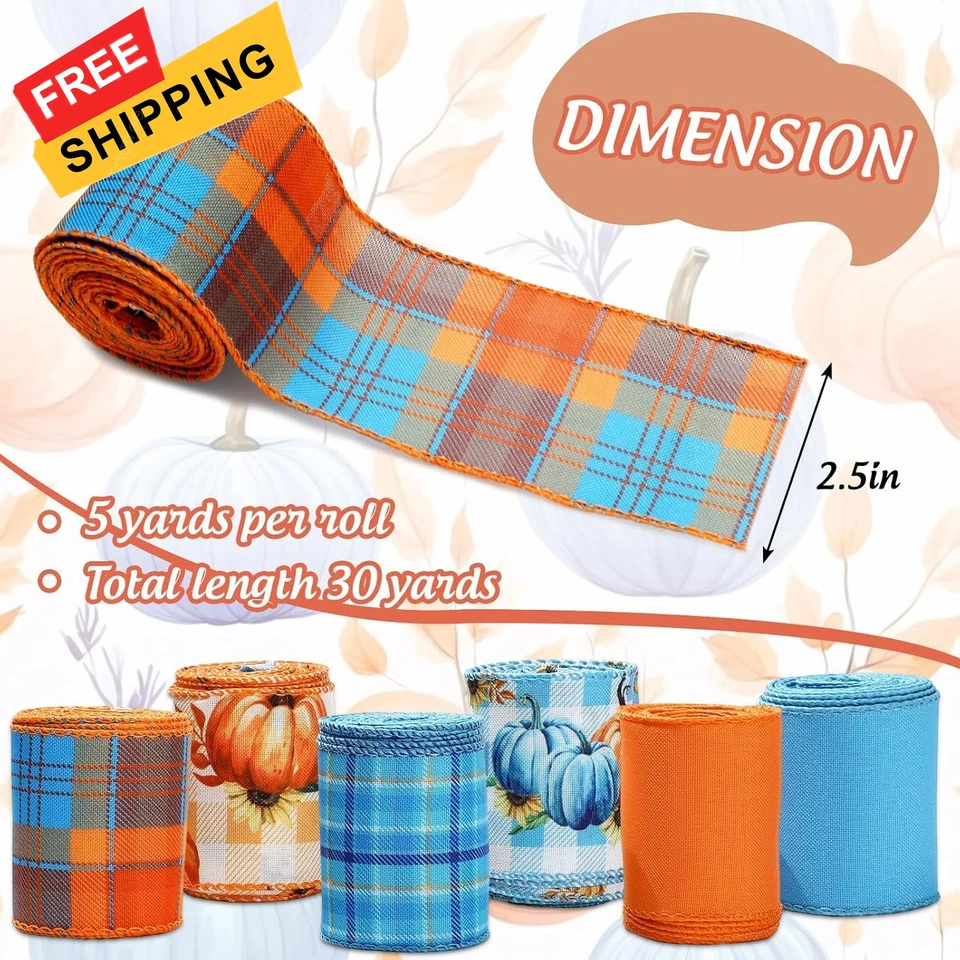 Whaline 6 Rolls Thanksgiving Fall Wired Edge Ribbon Blue Orange Pumpkin  - Image 2 of 4