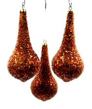 Vintage Orange and Gold Glittered Pear Shaped Christmas Ornaments, Set of 3