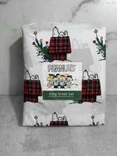 Peanuts Snoopy Christmas Tree Tartan  Doghouse KING Size Sheet Set Holiday NEW
