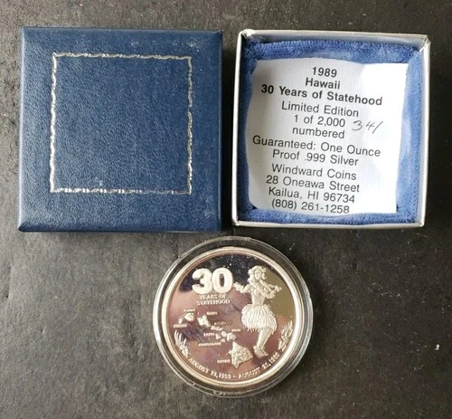 1989 Hawaii Proof 1oz Silver 30 Years of Statehood Round