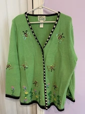 Vtg The Quaker Factory Cardigan Bumble Bee Flowers Embroidered Sz M