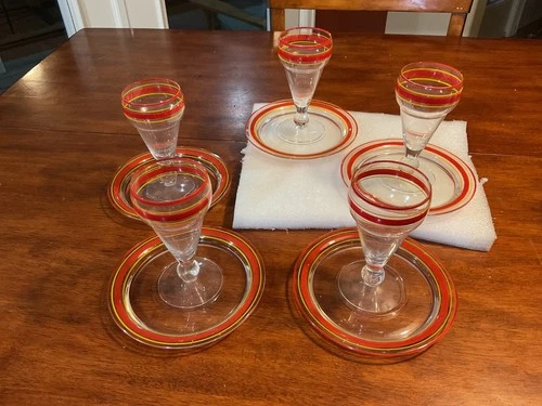 5 Vtg Anchor Hocking Color Ring Band Parfait Cups w/ Saucers  MCM 5.5” T 2.5” D