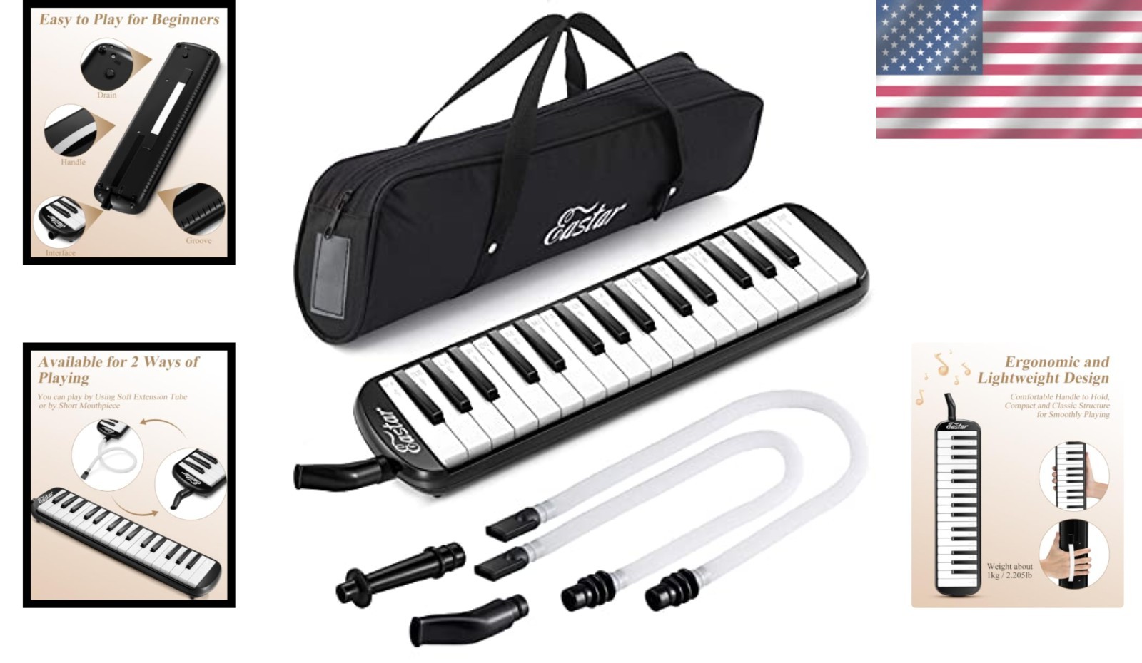 Tastiera pianoforte ad aria Melodica 32 tasti nera con borsa per il trasporto e tubi foto 2