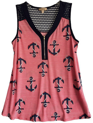 Lavish Woman Blue & Red Nautical Tank Top With Stripes & Anchors  Sz Medium