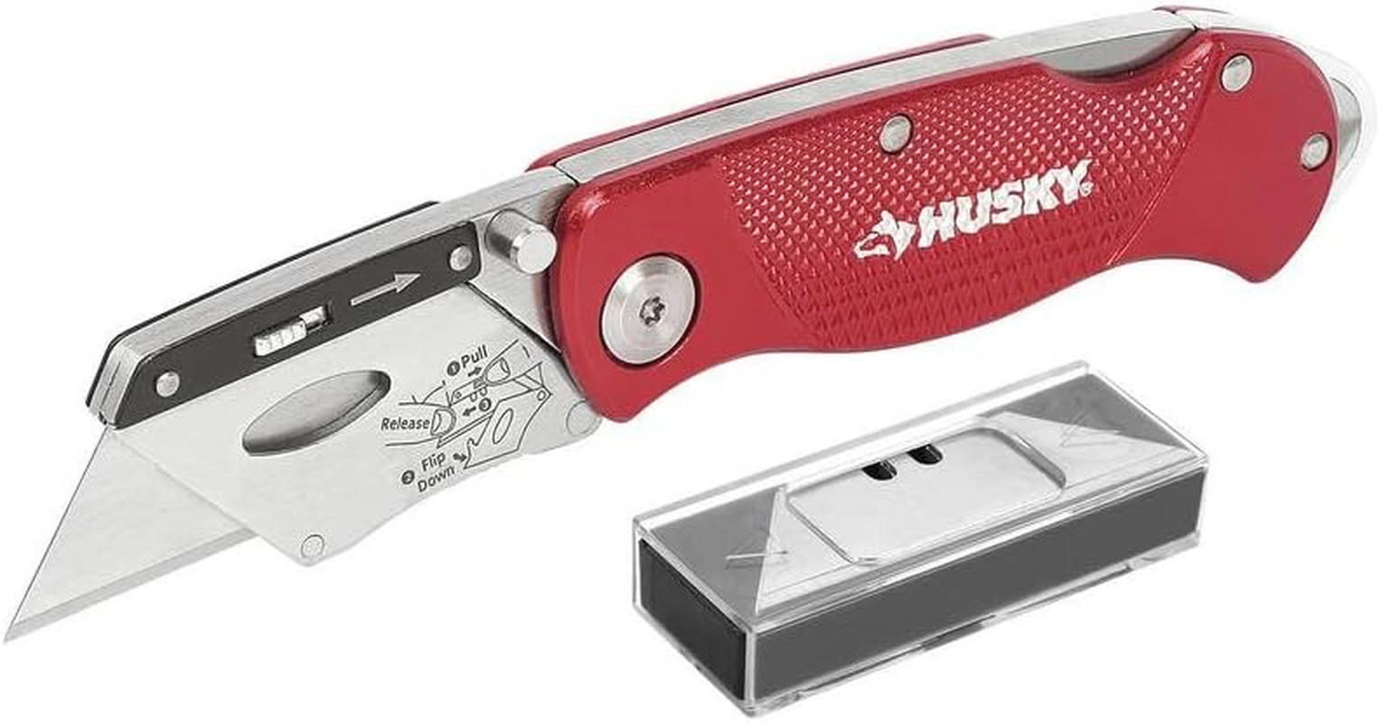 Folding Lock-Back Utility Knife, Red with 10-Blades