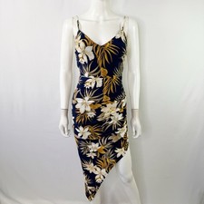 Windsor Navy Blue Tropical Floral Asymmetrical Midi Dress Size S V-Neck Hawaiian