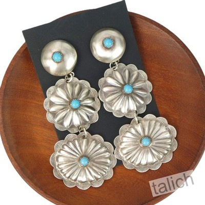Navajo Sterling Silver Turquoise Three Concho Drop Huge Statement Earrings Fab!