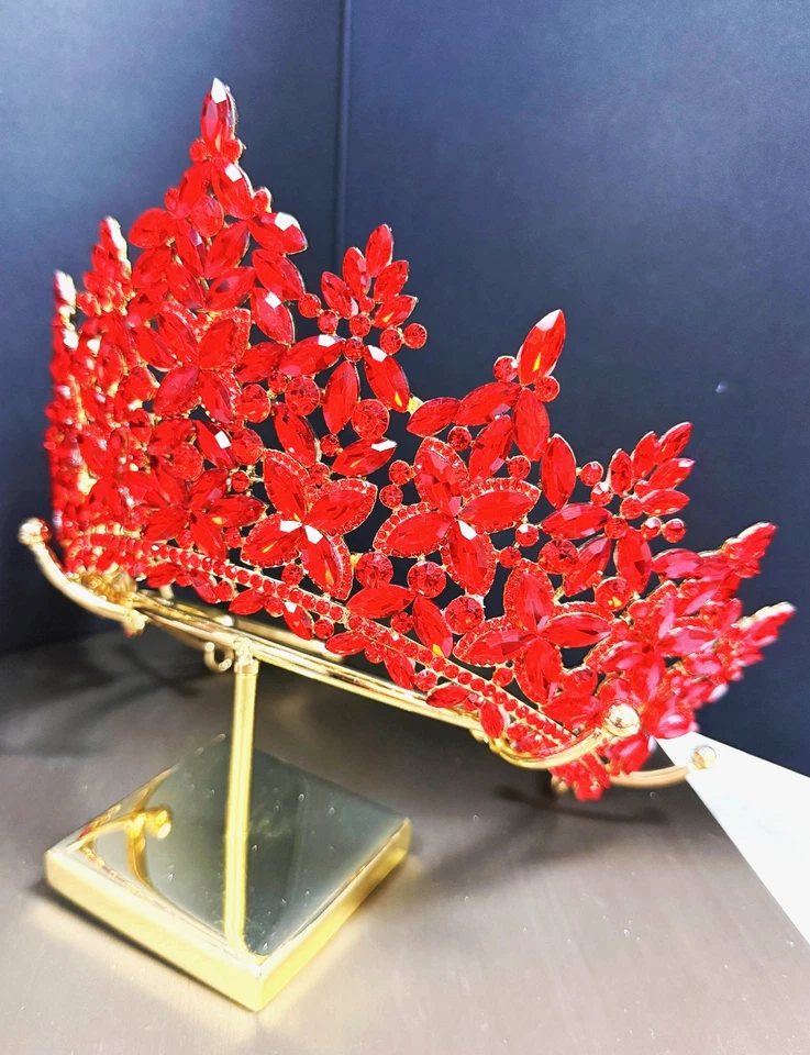 Corona de quinceañera, corona de cristal rojo, tiara nupcial de cristal, tocado dorado de graduación Foto 3 de 4