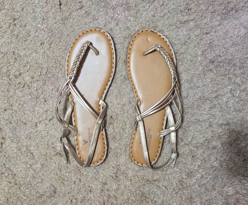 American Eagle Womens Sz 11 Brown&Gold Braided T Strap Sandals-Brand New... - Picture 2 of 4
